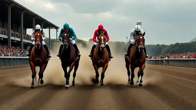 Exciting horse race takes place at a bustling track with eager spectators cheering for their favorites