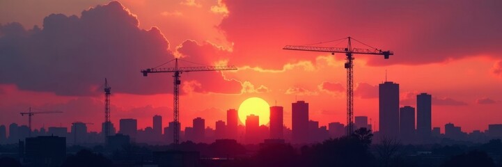 Modern building silhouette, sunset, urban cranes , evening, building construction, development