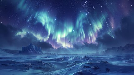 Naklejka premium Snowy Valley with Glowing Ice Crystals and Shimmering Northern Lights