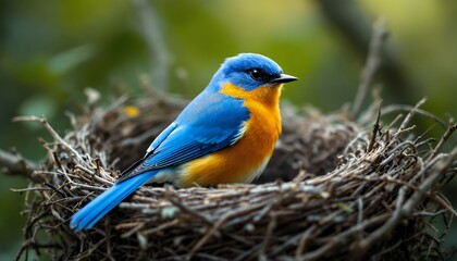 Blue and Orange Bird in a Twig Nest: Detailed Wildlife Photography