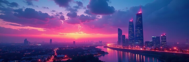 Sleek towers, neon glow, tranquil twilight sky,  illustration,  vibrant,  sky