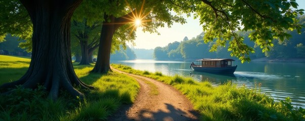 Sun-dappled path, thick trunks, houseboat, clear sky, river, water