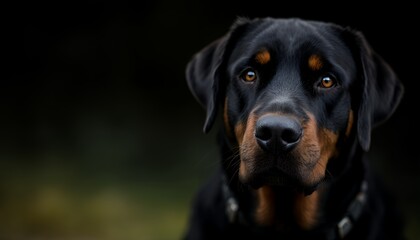 Obraz premium Closeup Portrait of a Black and Tan Dog with Attentive Gaze Against Dark Background