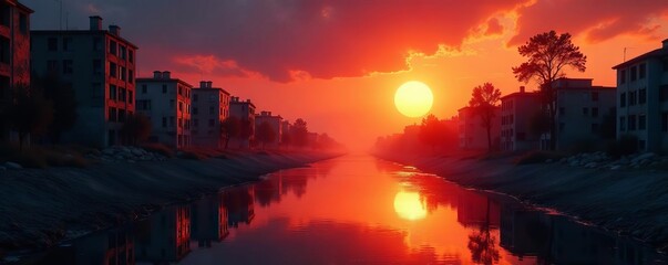 Sun sets over ravaged city, its reflection distorting in murky canal ,  canal,  desolation,  broken buildings