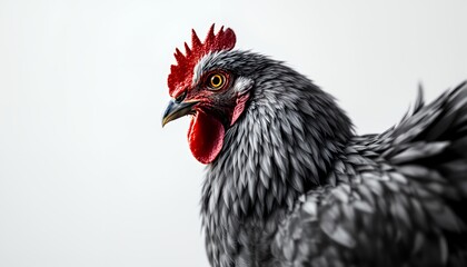 Closeup Portrait of a Gray Rooster Against White Background