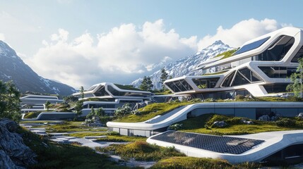 Fototapeta premium Futuristic eco-friendly buildings in mountain landscape.