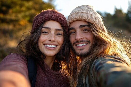 Happy multiethnic friends taking outdoor selfie on hiking trail