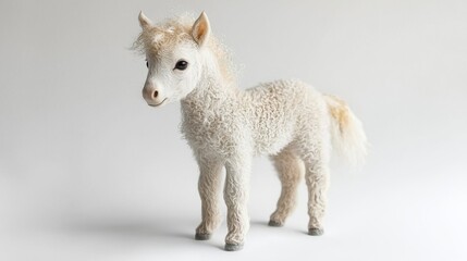 Obraz premium tiny baby unicorn soft shimmering coat stands delicately on white background. Its spiraled horn glows softly accentuating its enchanting presence in studio.
