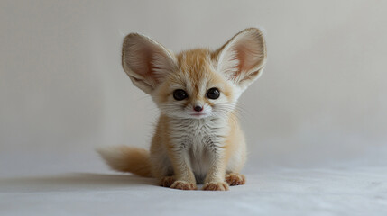 tiny fennec fox cub sits attentively on white surface its large ears twitching as it listens. soft golden sand colored fur and tiny black nose it appears inquisitive and playful.