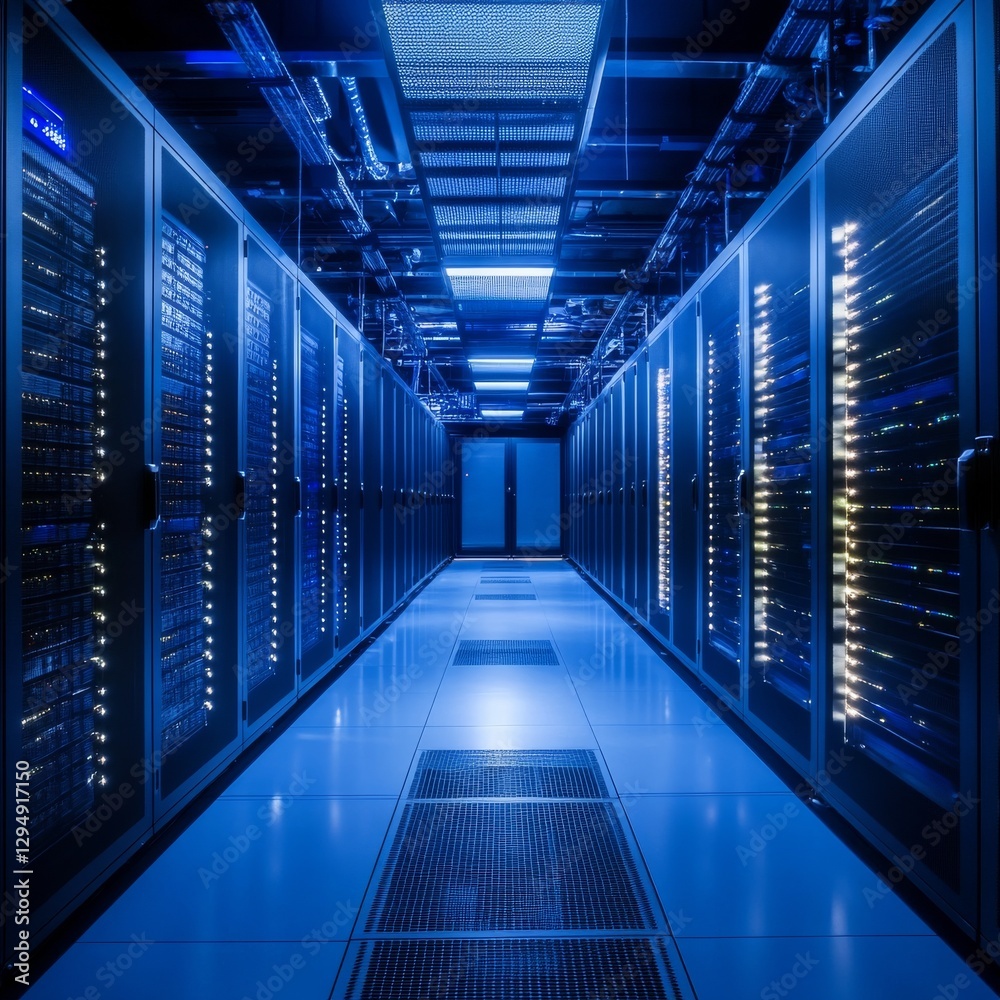 Leinwandbilder data center interior: rows of servers glowing in a blue light, high-tech infrastructure for computin