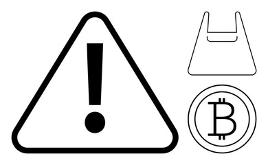 Big exclamation mark inside a triangle, a simplified outline of a shopping bag, and Bitcoin symbol. Ideal for warnings, e-commerce, cryptocurrency, online transactions, digital security, consumer