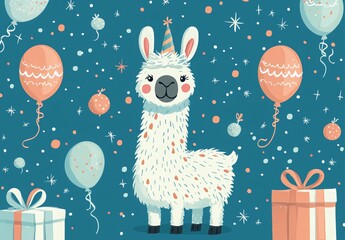 Cute Festive Llama Surrounded by Balloons and Gifts in Whimsical Holiday Scene