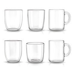 Blank empty glass mug collection, isolated on white background