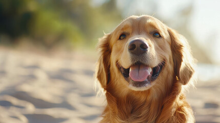 close up of golden retriever smiling happily at beach, enjoying sun