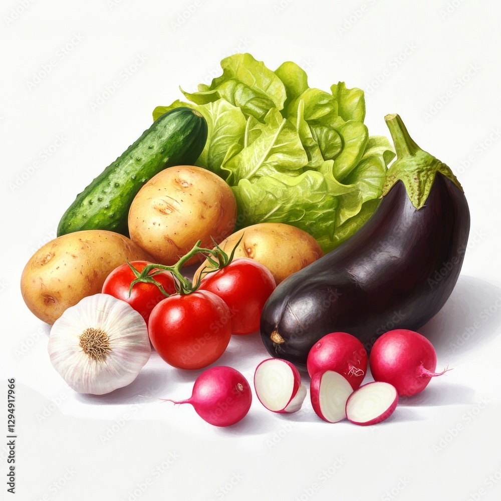 Poster fresh harvest still life: a colorful array of vegetables on a white surface