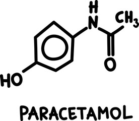 Hand drawn chemical structural formula of paracetamol or acetaminophen, medical analgesic drug used to reduce mild pain and fever. Chemical formula C8H9NO2.