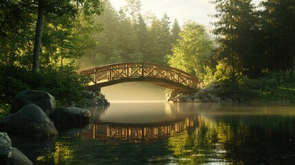 Fototapeta premium Wooden bridge over calm lake in misty forest at sunrise.
