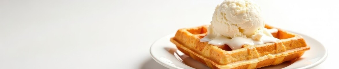 Crispy waffles, melting ice cream, white backdrop , food photography, white