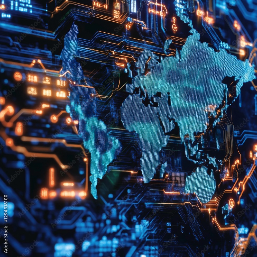 Fototapete Global Connectivity: A World Map Encoded in Circuitry, Highlighting Digital Networks and International Data Transfer.
