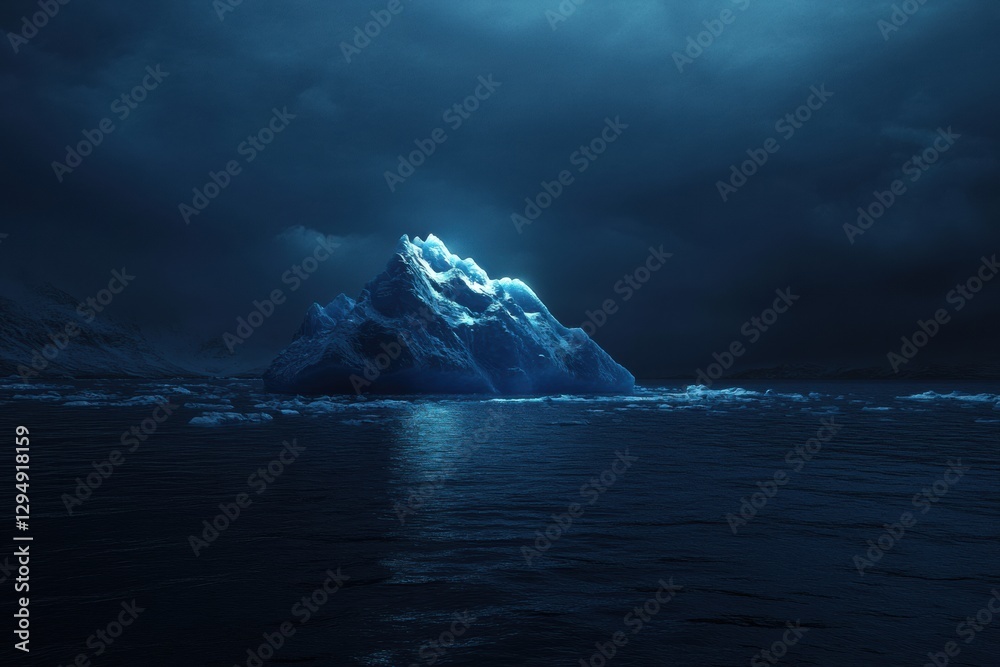 Aufkleber Melting iceberg floating in dark blue waters with empty sky for text space at dusk. Generative AI