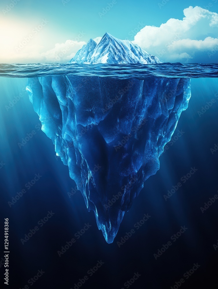 Aufkleber melting iceberg floating in dark blue waters under an expansive, empty sky. generative ai