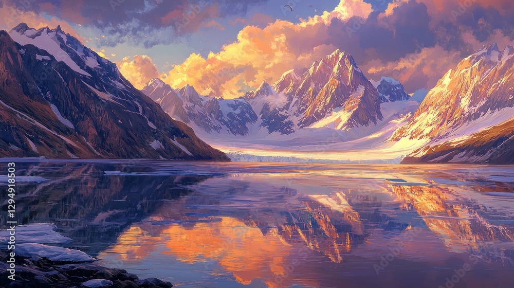 Wall mural Majestic sunset reflecting on a serene glacial lake surrounded by snow-capped mountains.