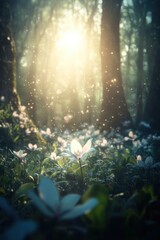 Fototapeta premium Flowers in fresh green Spring woods.