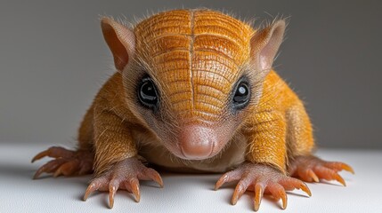 baby armadillo curls up slightly displaying its soft pinkish gray shell and tiny claws. Its small beady eyes blink as bright lights illuminate its delicate features.