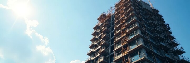 Modern skyscraper under construction, intricate scaffolding , urban landscape, elevation