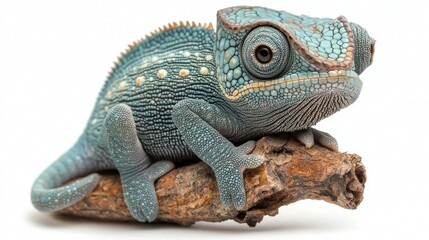 Fototapeta premium baby chameleon delicately clings tiny twig its perfectly coiled tail one eye rotating in unusual direction highlighting its fascinating ability look in different directions.