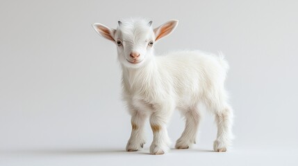 fluffy white baby goat stands confidently on white background hooves positioned firmly for jump. Its tiny horns and playful expression add charm and character portrait.