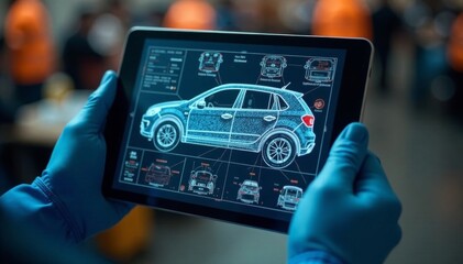 Tablet displaying vehicle schematics, held by gloved hands, drawing, data