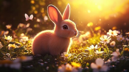 Cute rabbit in Spring field.