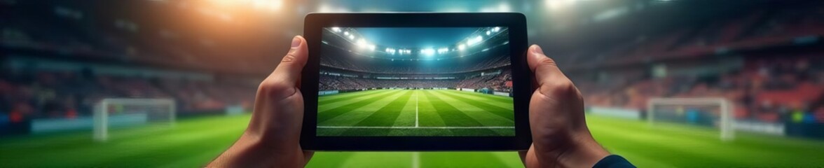 Two hands hold tablet showing football game, stadium visible, stadium,  sport,  competition