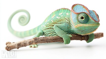 Obraz premium baby chameleon clings tiny twig showcasing vibrant colors and unusual eye movement while its tail is perfectly coiled highlighting its unique features against white background.