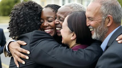 Emotional reunion among friends celebrating a special occasion outdoors