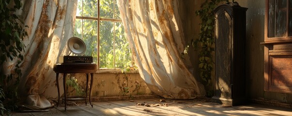 Fototapeta premium Abandoned living room with cracked ceiling, tattered curtains swaying slightly, an old gramophone on a table, and eerie shadows crawling across the floor