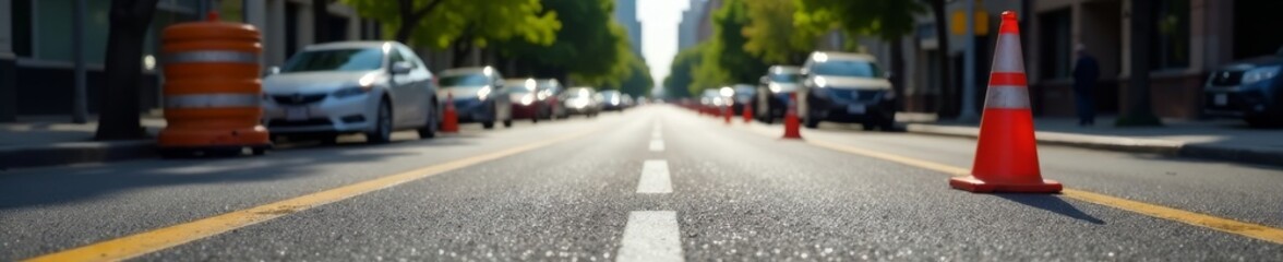 City street undergoing resurfacing with orange cones , construction zone, patching