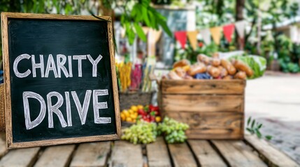 A vibrant charity drive display featuring a chalkboard sign with fresh produce in the background, inviting community participation.