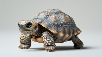 Obraz premium baby African spurred tortoise crawls gracefully across smooth white surface displaying its uniquely patterned sand colored shell and wise expression.