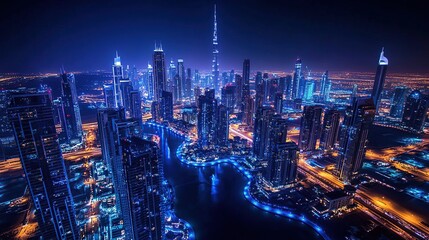 Obraz premium Vibrant City Night Skyline Illuminated With Blue And Yellow Lights