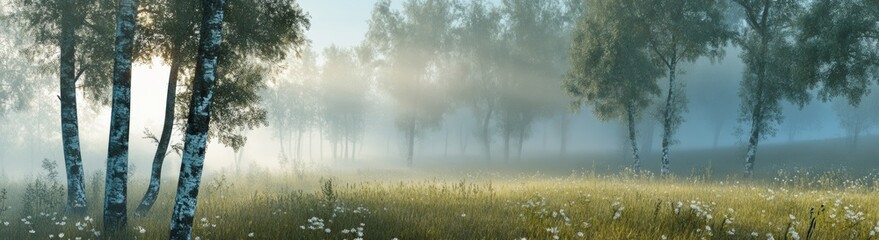 A misty meadow with trees. sunrise. 