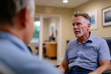 Obraz premium Two mature men engage in a thoughtful conversation in a relaxed setting, reflecting the value of communication and connection among individuals in different life stages.