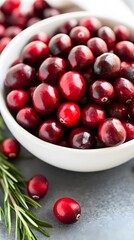 Fresh Cranberries in White Bowl with Rosemary