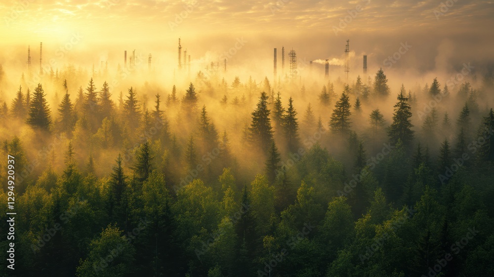 Aufkleber exploring eco friendly natural gas infrastructure in a misty forest at dawn. generative ai
