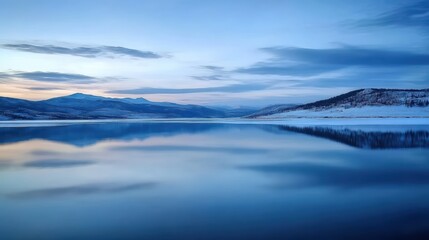 Fototapeta premium Serene reflection on calm lake mountainous region landscape photography twilight panoramic view tranquility