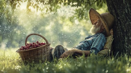 Elderly farmer resting under tree with cherries
