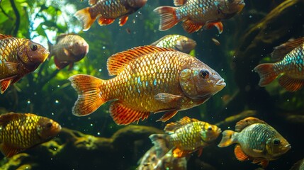 Close-up of a large group of red tilapia at the pond's edge, bright scales shining under sunlight with dynamic water splashes