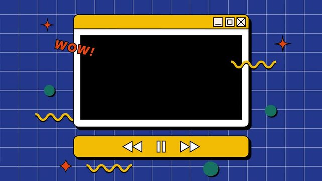 4K Animated graphic of a large empty computer interface window. Shaped animation of video player. Сolourful flat nostalgic retro style background. 90s retro style. Looping animation. Alpha channel.