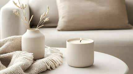 A cozy, minimalist scene featuring a lit candle in a simple ceramic jar, a soft knitted blanket, and dried botanical elements, creating a warm and relaxing atmosphere